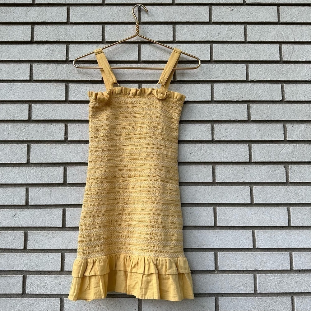 American Eagle Yellow Smocked Linen Mini Dress Ruffle Hem Summer Bodycon XS - Picture 8 of 9